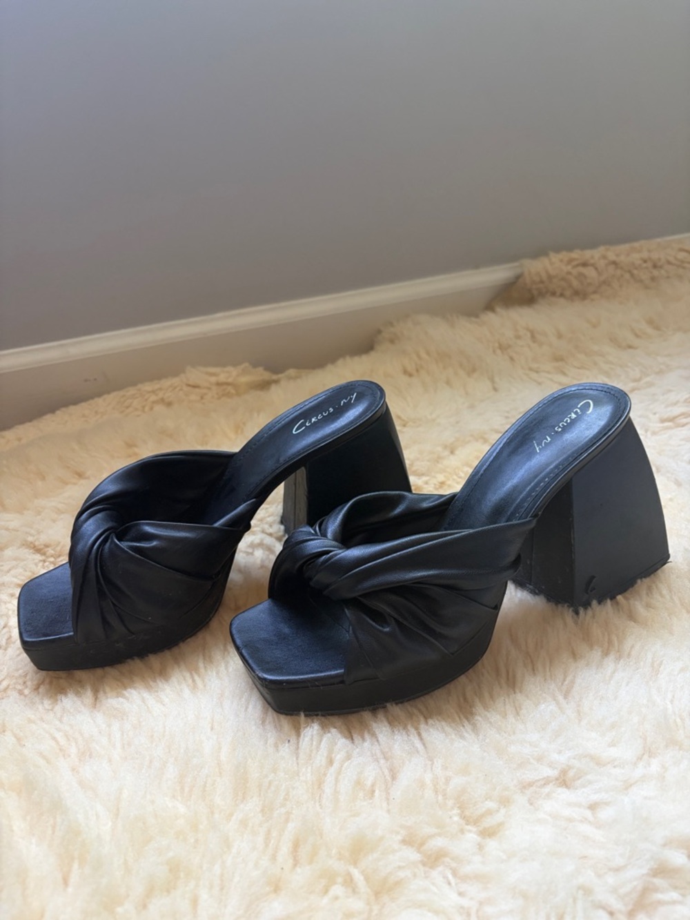 Circus NY Black Knotted Platform Block Heel Mules
